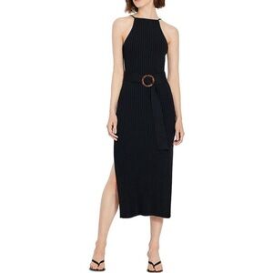 Nicholas Black Midi Halter Ribbed Bodycon Dress with Slit